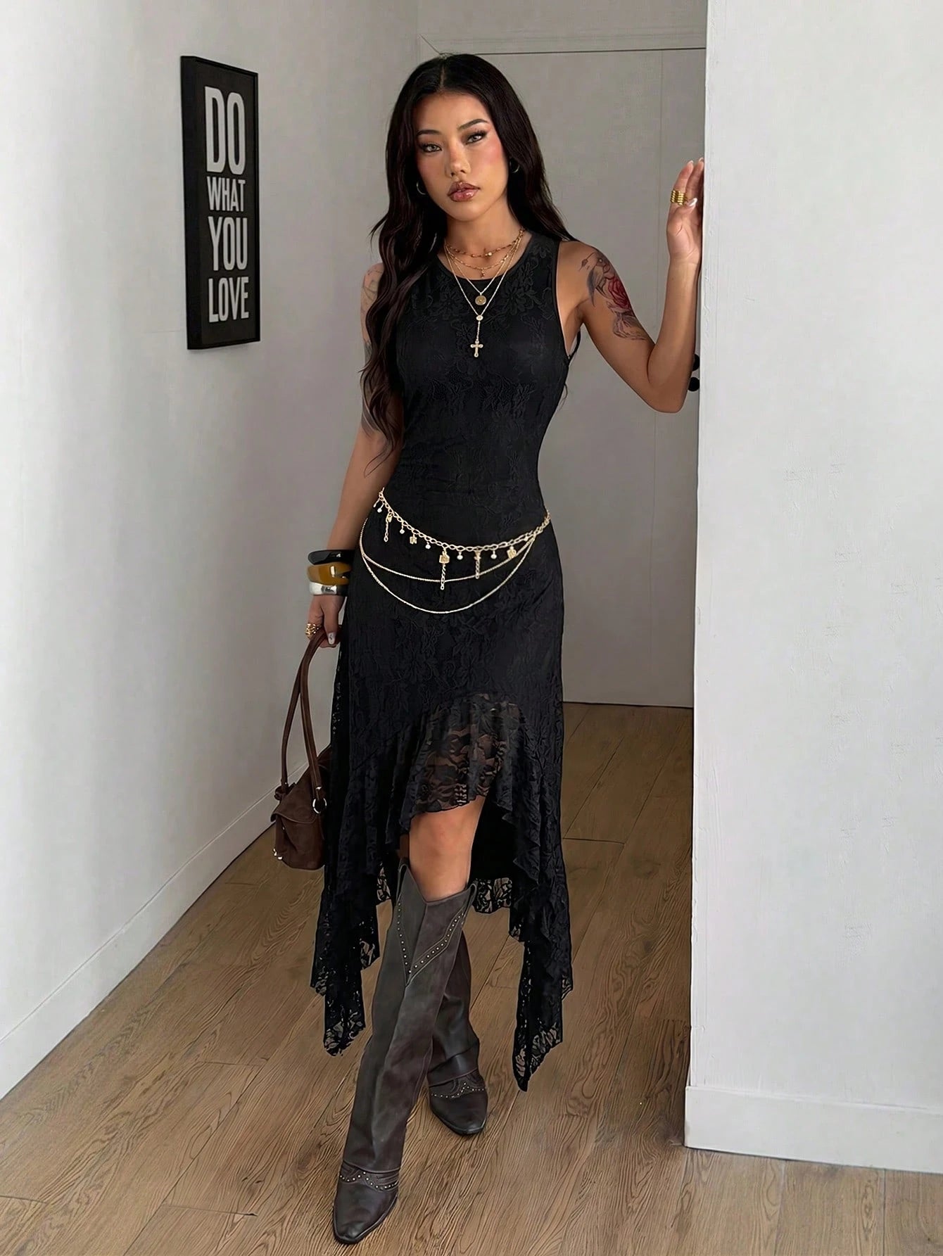 Coolane Women's Summer Black Boho Elegant Vacation Dress,Goth Casual Party Evening Vintage Tropical Chic Contrast Lace Slim Fit Ruffle Flowy Streetwear