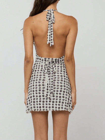 Coquette Aesthetic Polka Dot Halter Dress For Women Backless Ruched Mini Dress Vacation Date Night Dress