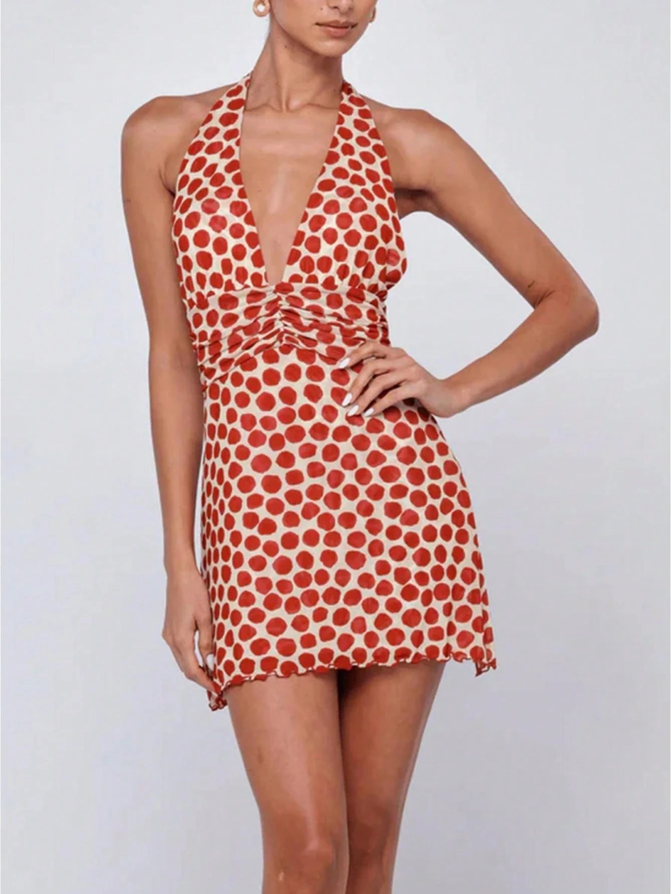 Coquette Aesthetic Polka Dot Halter Dress For Women Backless Ruched Mini Dress Vacation Date Night Dress
