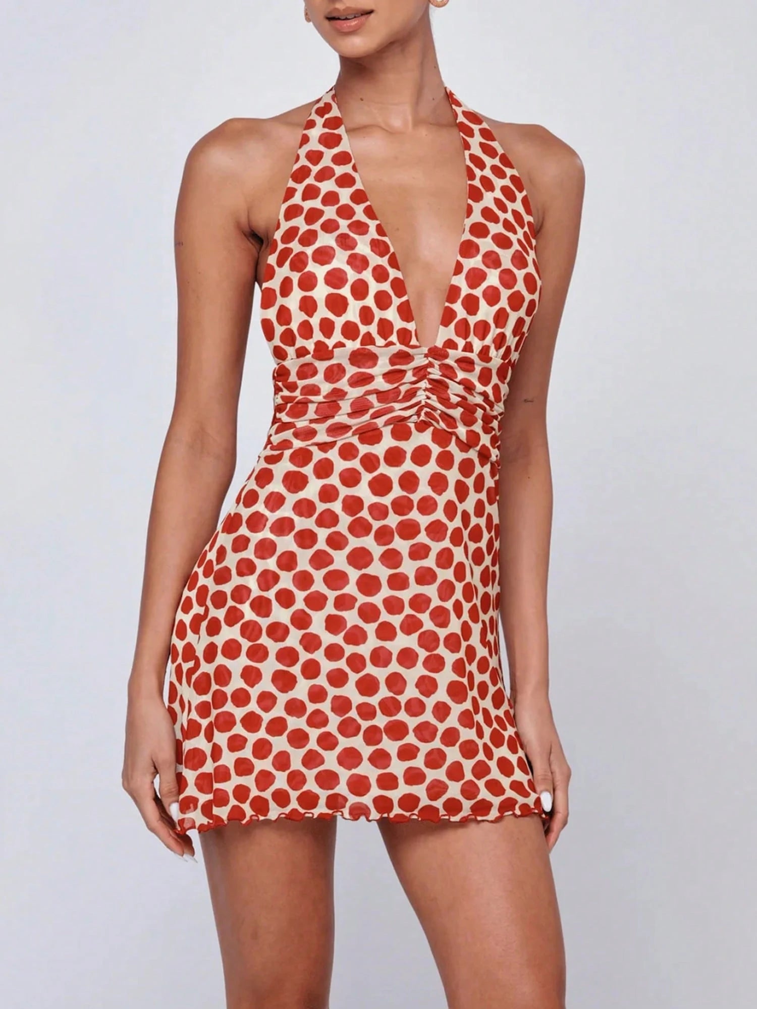 Coquette Aesthetic Polka Dot Halter Dress For Women Backless Ruched Mini Dress Vacation Date Night Dress