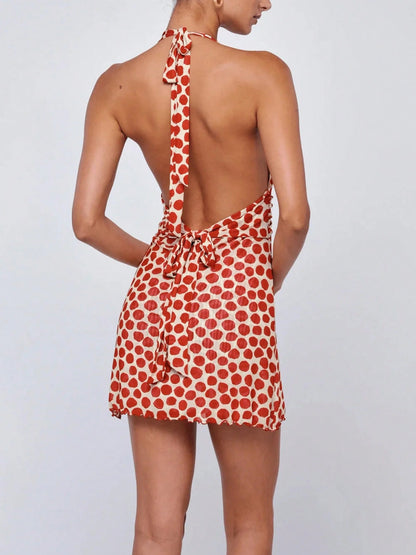 Coquette Aesthetic Polka Dot Halter Dress For Women Backless Ruched Mini Dress Vacation Date Night Dress