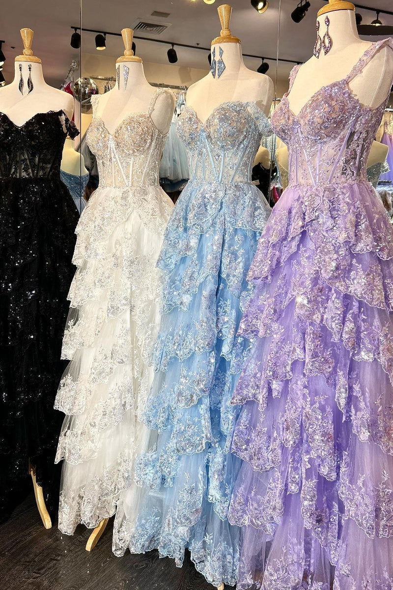 Corset Tulle Appliques Tiered Ruffle Long Prom Dress with slit