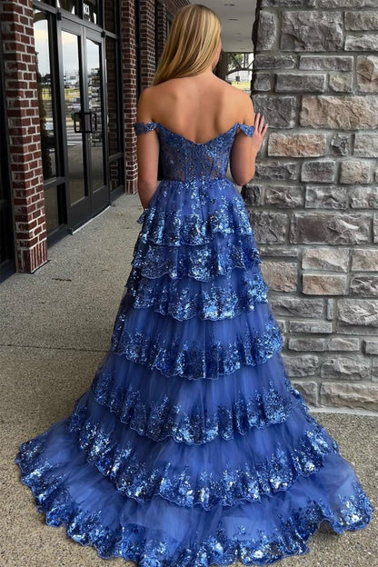 Corset Tulle Appliques Tiered Ruffle Long Prom Dress with slit