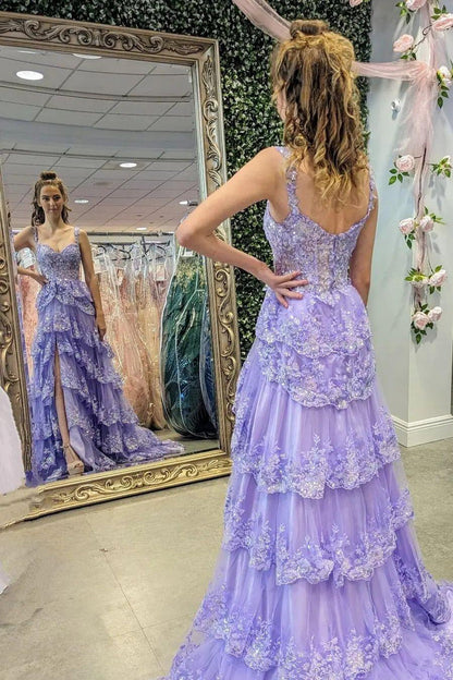 Corset Tulle Appliques Tiered Ruffle Long Prom Dress with slit