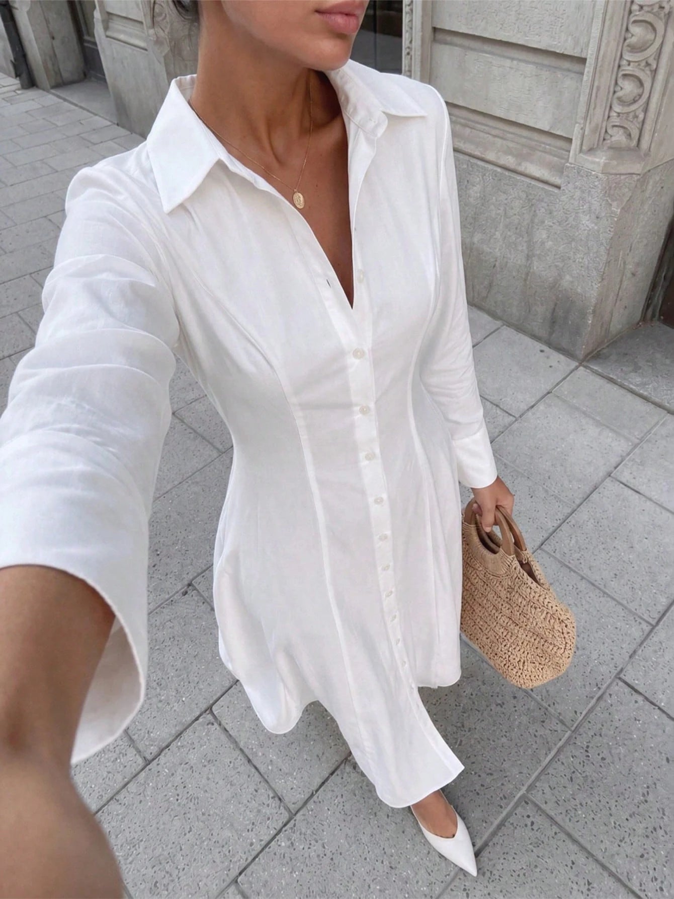 COSMINA Women's Casual Elegant French Versatile Long Shirt Dress For Outings Brunch White Autumn