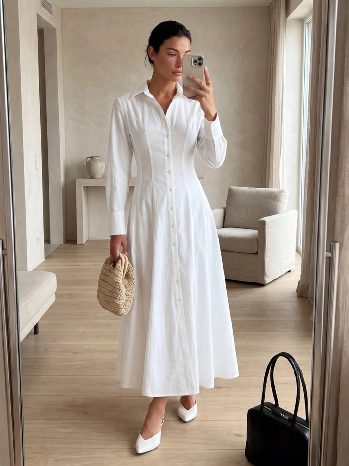 COSMINA Women's Casual Elegant French Versatile Long Shirt Dress For Outings Brunch White Autumn