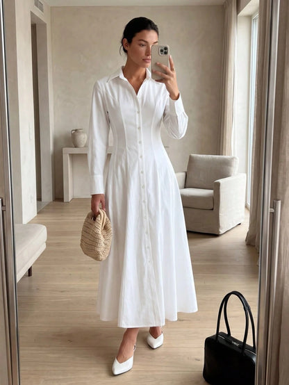 COSMINA Women's Casual Elegant French Versatile Long Shirt Dress For Outings Brunch White Autumn