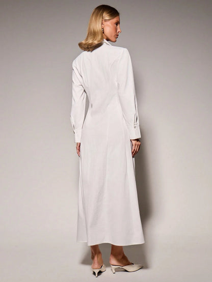 COSMINA Women's Casual Elegant French Versatile Long Shirt Dress For Outings Brunch White Autumn