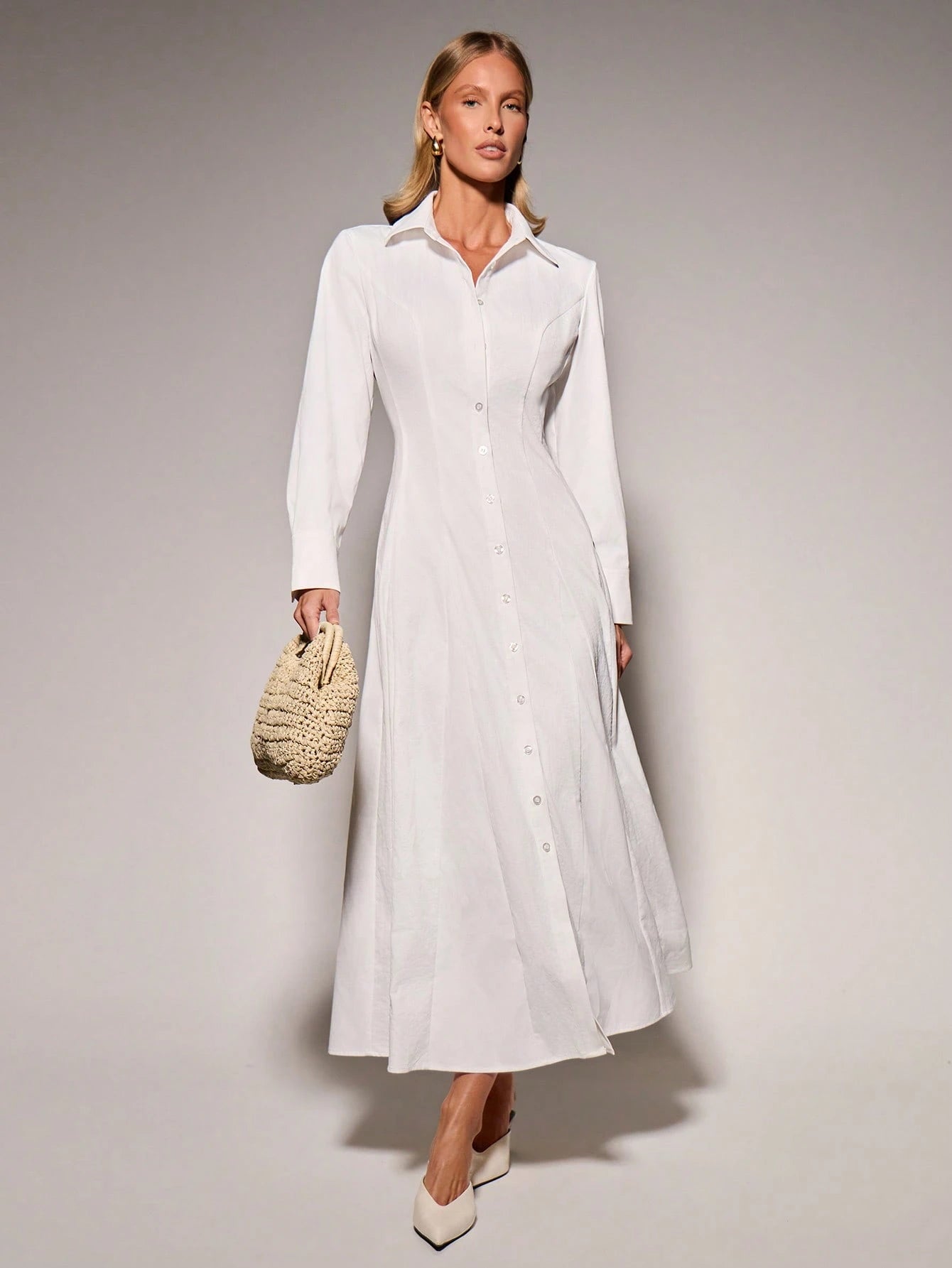 COSMINA Women's Casual Elegant French Versatile Long Shirt Dress For Outings Brunch White Autumn