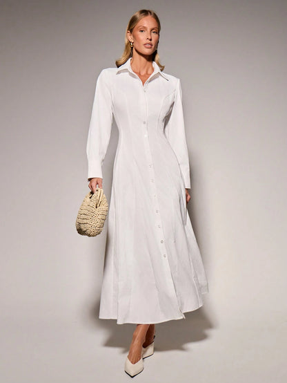 COSMINA Women's Casual Elegant French Versatile Long Shirt Dress For Outings Brunch White Autumn