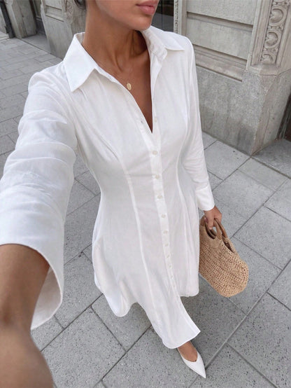 COSMINA Women's Casual Elegant French Versatile Long Shirt Dress For Outings Brunch White Autumn