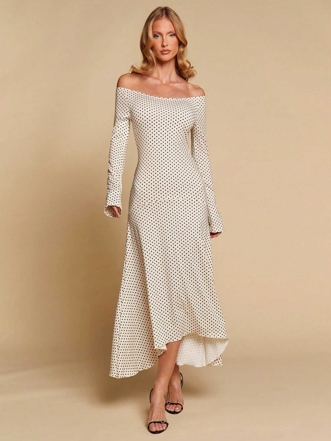 COSMINA Women's Elegant Long Sleeve Polka Dot Off-Shoulder Long Dress, Versatile For Dates And Commuting