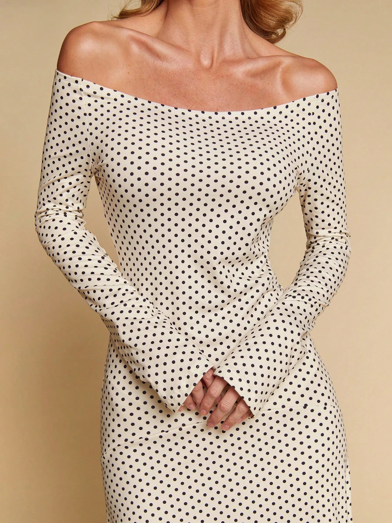 COSMINA Women's Elegant Long Sleeve Polka Dot Off-Shoulder Long Dress, Versatile For Dates And Commuting