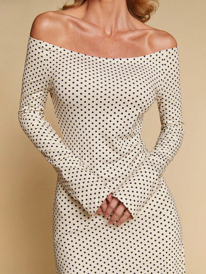 COSMINA Women's Elegant Long Sleeve Polka Dot Off-Shoulder Long Dress, Versatile For Dates And Commuting