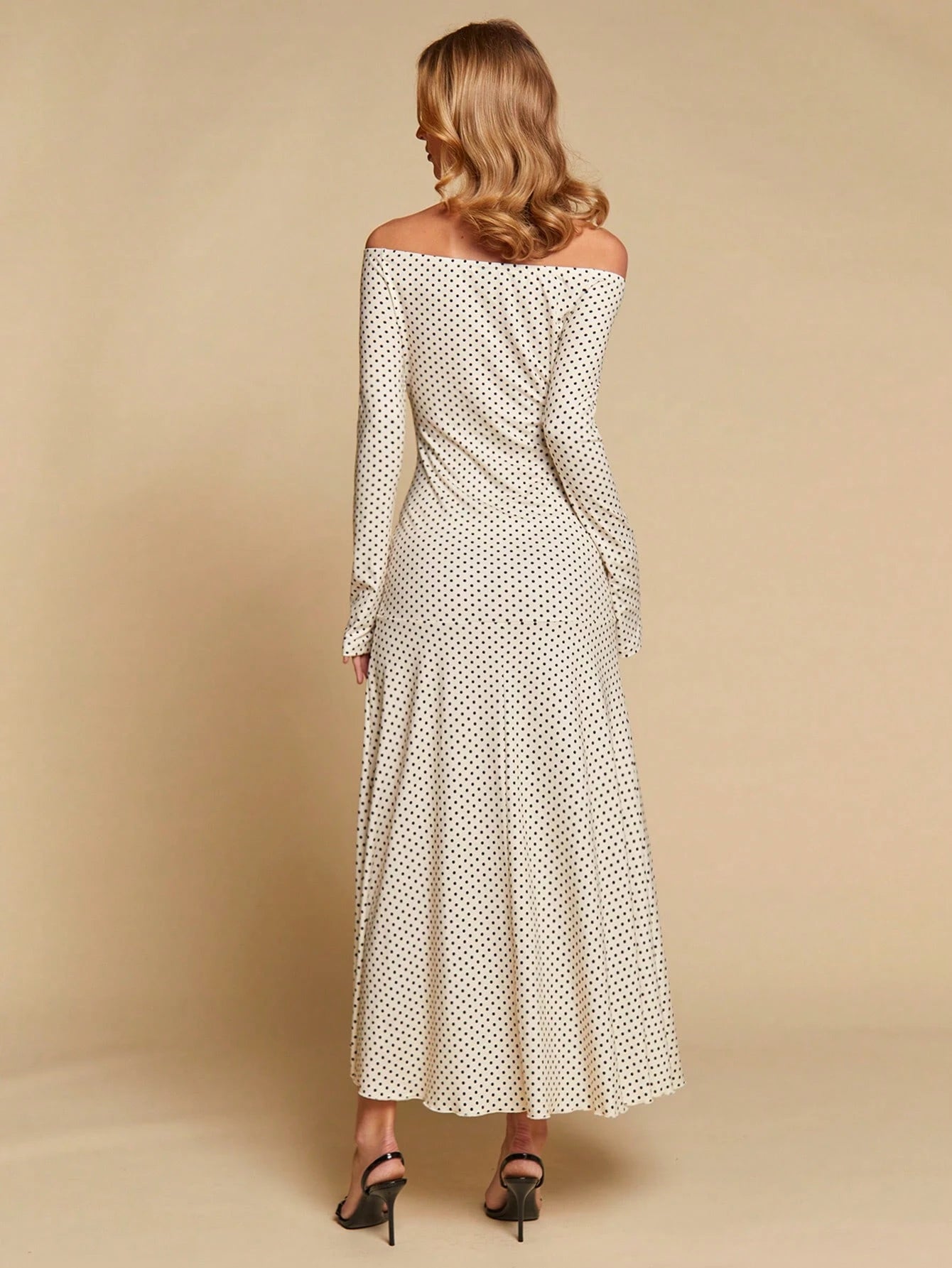 COSMINA Women's Elegant Long Sleeve Polka Dot Off-Shoulder Long Dress, Versatile For Dates And Commuting