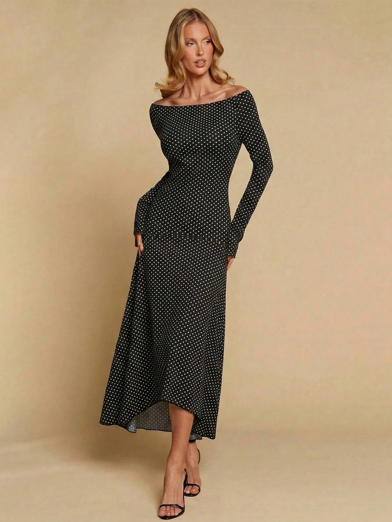 COSMINA Women's Elegant Long Sleeve Polka Dot Off-Shoulder Long Dress, Versatile For Dates And Commuting