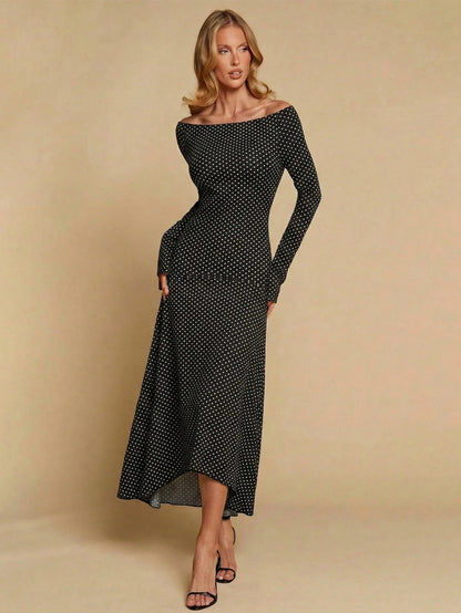 COSMINA Women's Elegant Long Sleeve Polka Dot Off-Shoulder Long Dress, Versatile For Dates And Commuting