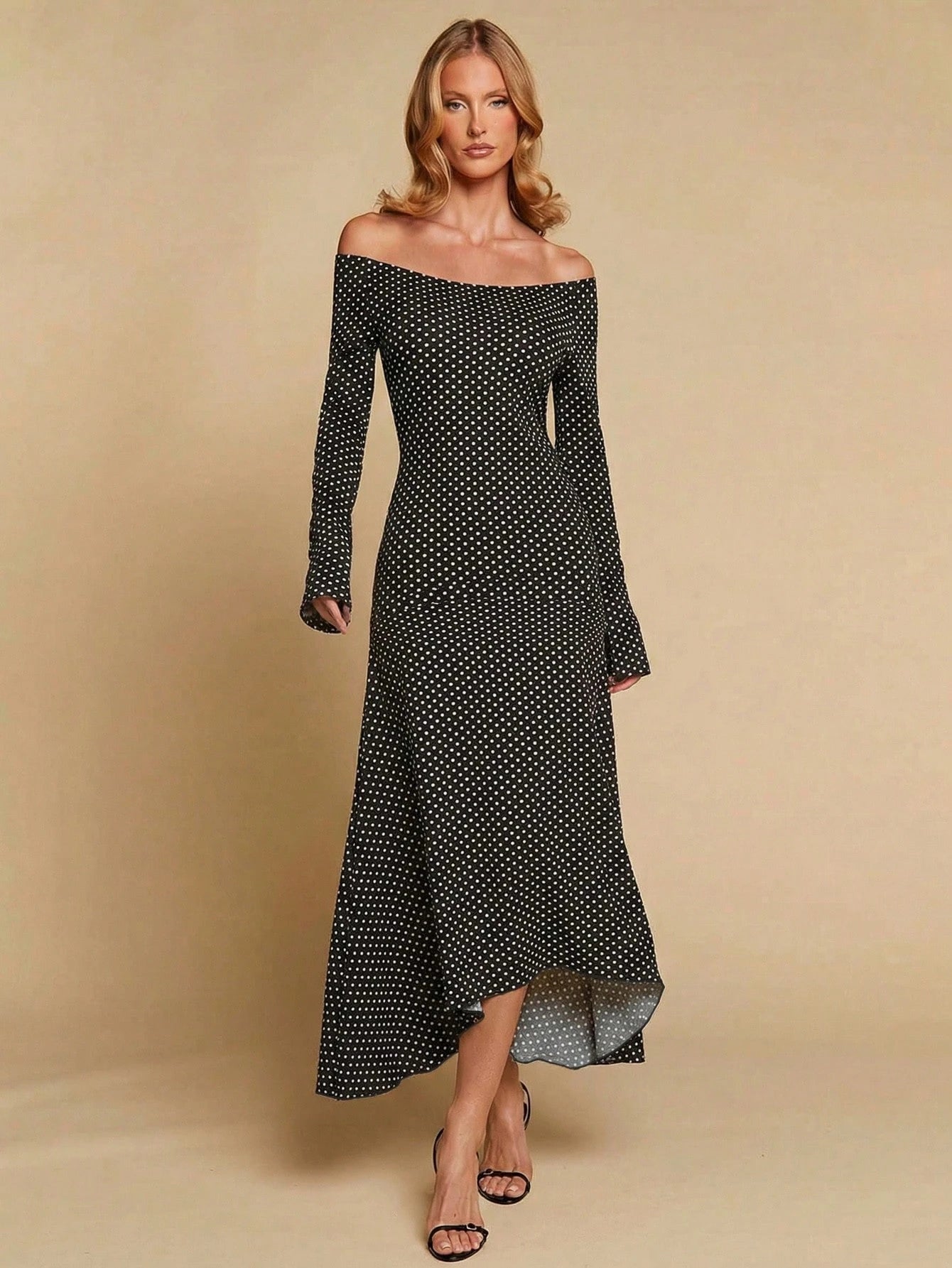 COSMINA Women's Elegant Long Sleeve Polka Dot Off-Shoulder Long Dress, Versatile For Dates And Commuting