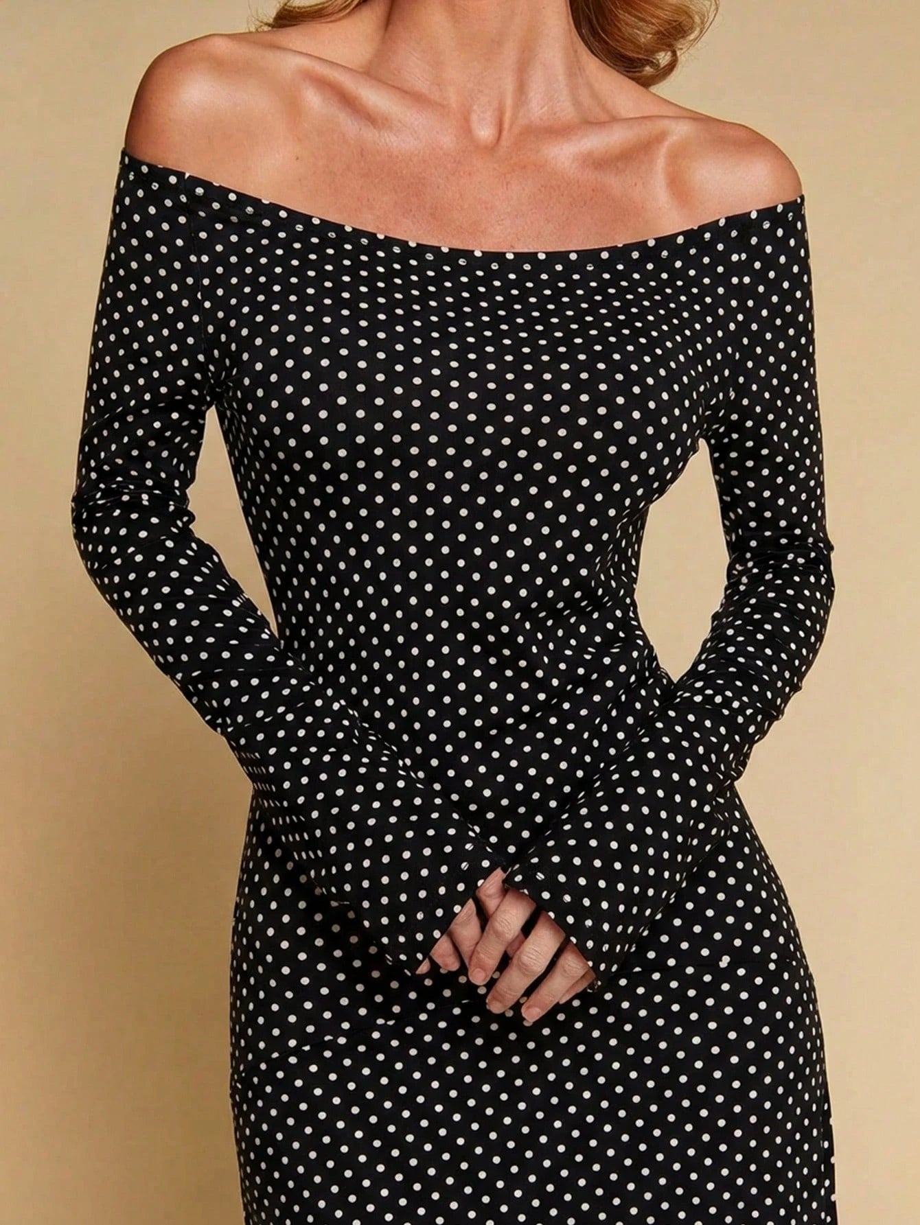 COSMINA Women's Elegant Long Sleeve Polka Dot Off-Shoulder Long Dress, Versatile For Dates And Commuting