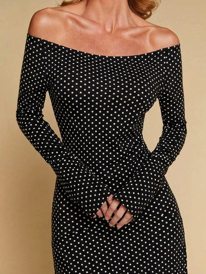COSMINA Women's Elegant Long Sleeve Polka Dot Off-Shoulder Long Dress, Versatile For Dates And Commuting
