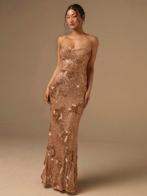 COSMINA Women's Gold Elegant Seductive Spaghetti Strap Waist Cinched Jacquard Sequin Dress,Luxury Summer Dinner Evening Gown,Prom Reception Dresses For Bride