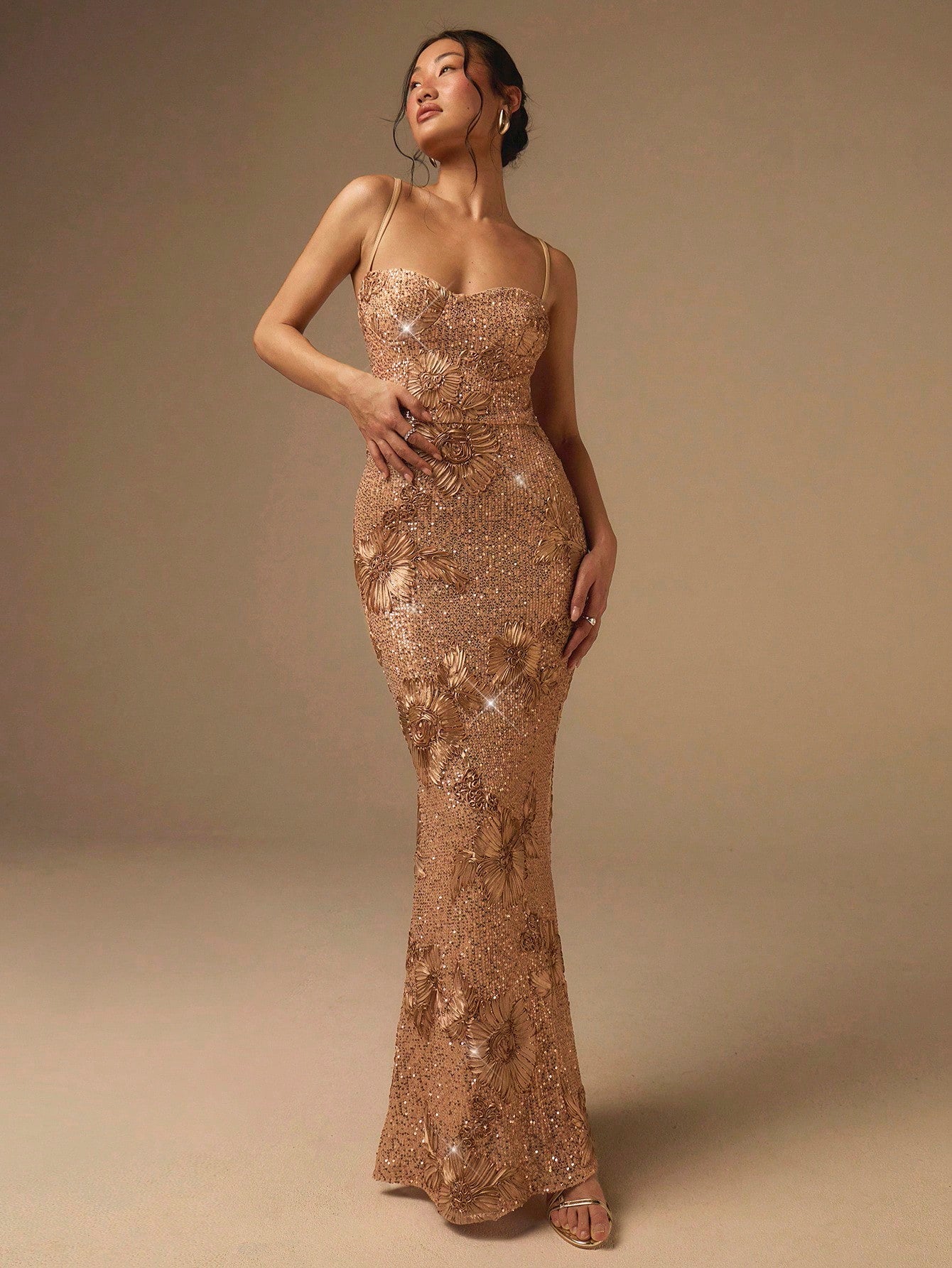 COSMINA Women's Gold Elegant Seductive Spaghetti Strap Waist Cinched Jacquard Sequin Dress,Luxury Summer Dinner Evening Gown,Prom Reception Dresses For Bride
