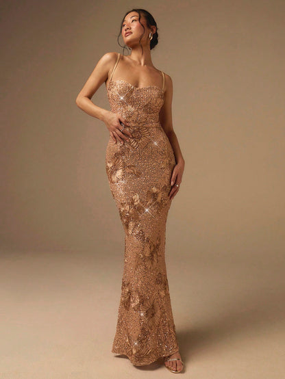 COSMINA Women's Gold Elegant Seductive Spaghetti Strap Waist Cinched Jacquard Sequin Dress,Luxury Summer Dinner Evening Gown,Prom Reception Dresses For Bride