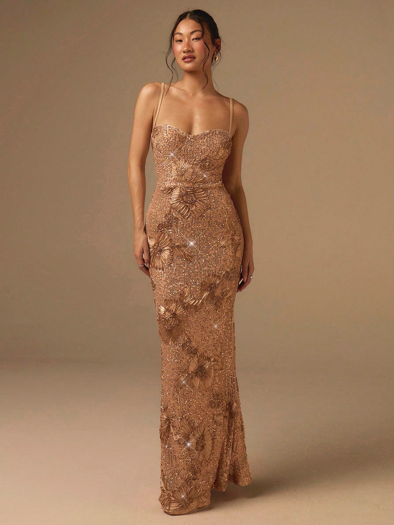 COSMINA Women's Gold Elegant Seductive Spaghetti Strap Waist Cinched Jacquard Sequin Dress,Luxury Summer Dinner Evening Gown,Prom Reception Dresses For Bride