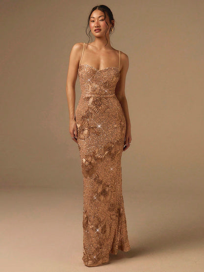 COSMINA Women's Gold Elegant Seductive Spaghetti Strap Waist Cinched Jacquard Sequin Dress,Luxury Summer Dinner Evening Gown,Prom Reception Dresses For Bride