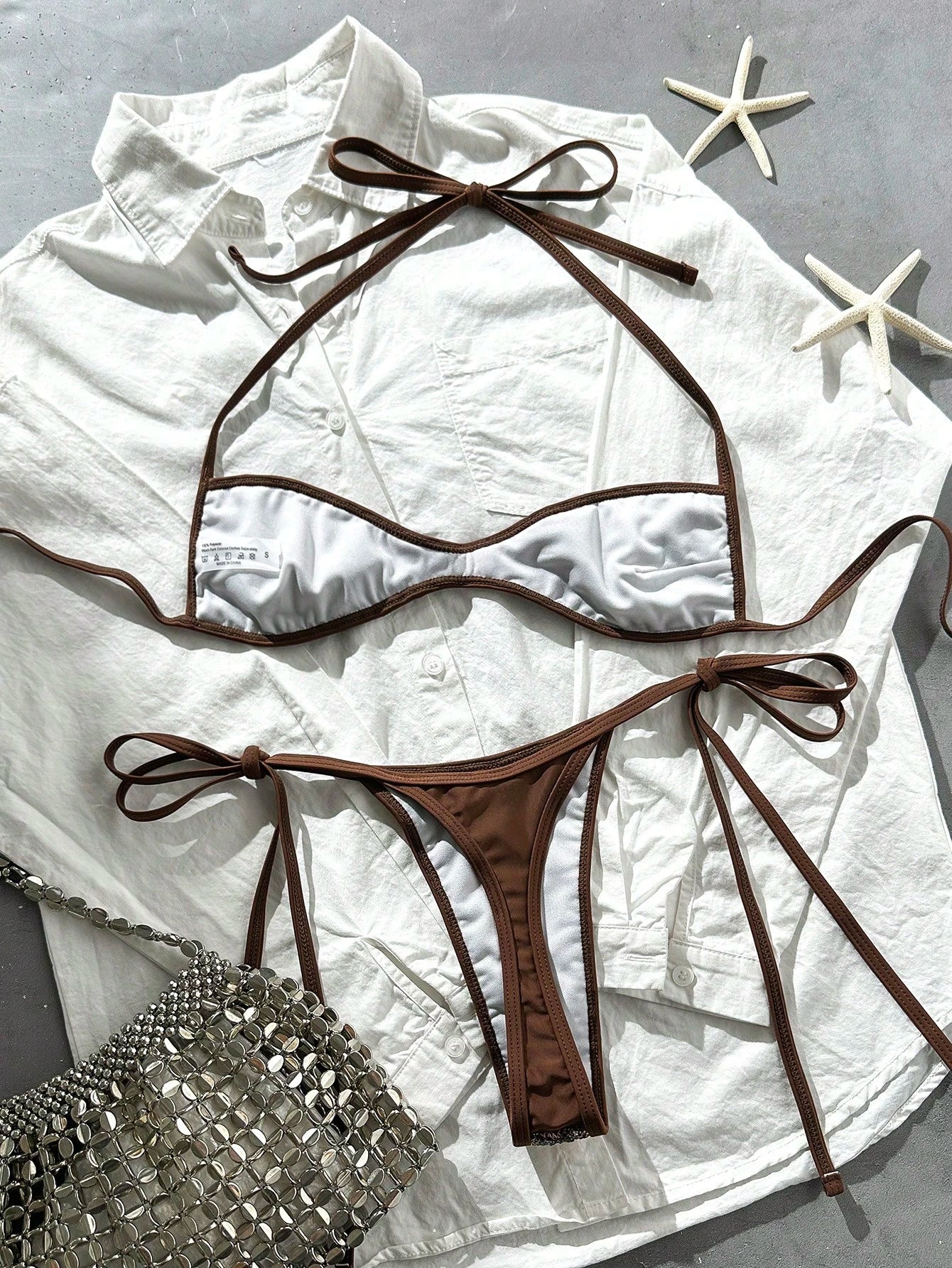 Costavie 2-Piece Sequin Textured Halter Bandeau Bikini Set, Sexy Thong Swimwear For Spring/Summer Beach Vacation