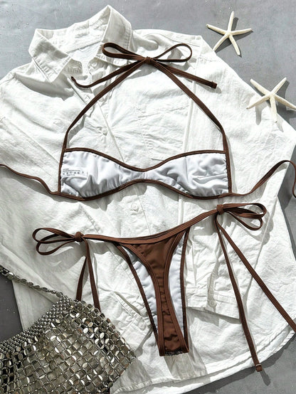 Costavie 2-Piece Sequin Textured Halter Bandeau Bikini Set, Sexy Thong Swimwear For Spring/Summer Beach Vacation