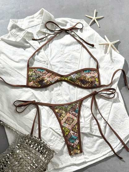 Costavie 2-Piece Sequin Textured Halter Bandeau Bikini Set, Sexy Thong Swimwear For Spring/Summer Beach Vacation