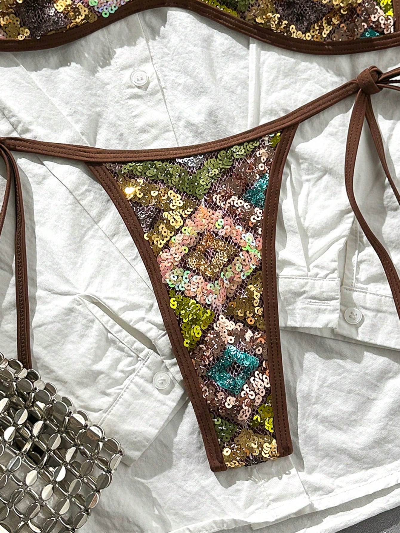 Costavie 2-Piece Sequin Textured Halter Bandeau Bikini Set, Sexy Thong Swimwear For Spring/Summer Beach Vacation