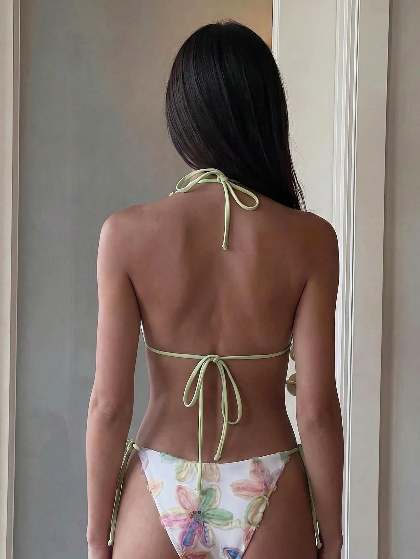 Costavie 2-Piece Set, Colorful Floral Sequin Textured Fabric Halter Triangle Bra And Side Tie Bikini Bottoms, Sexy Women Swimwear