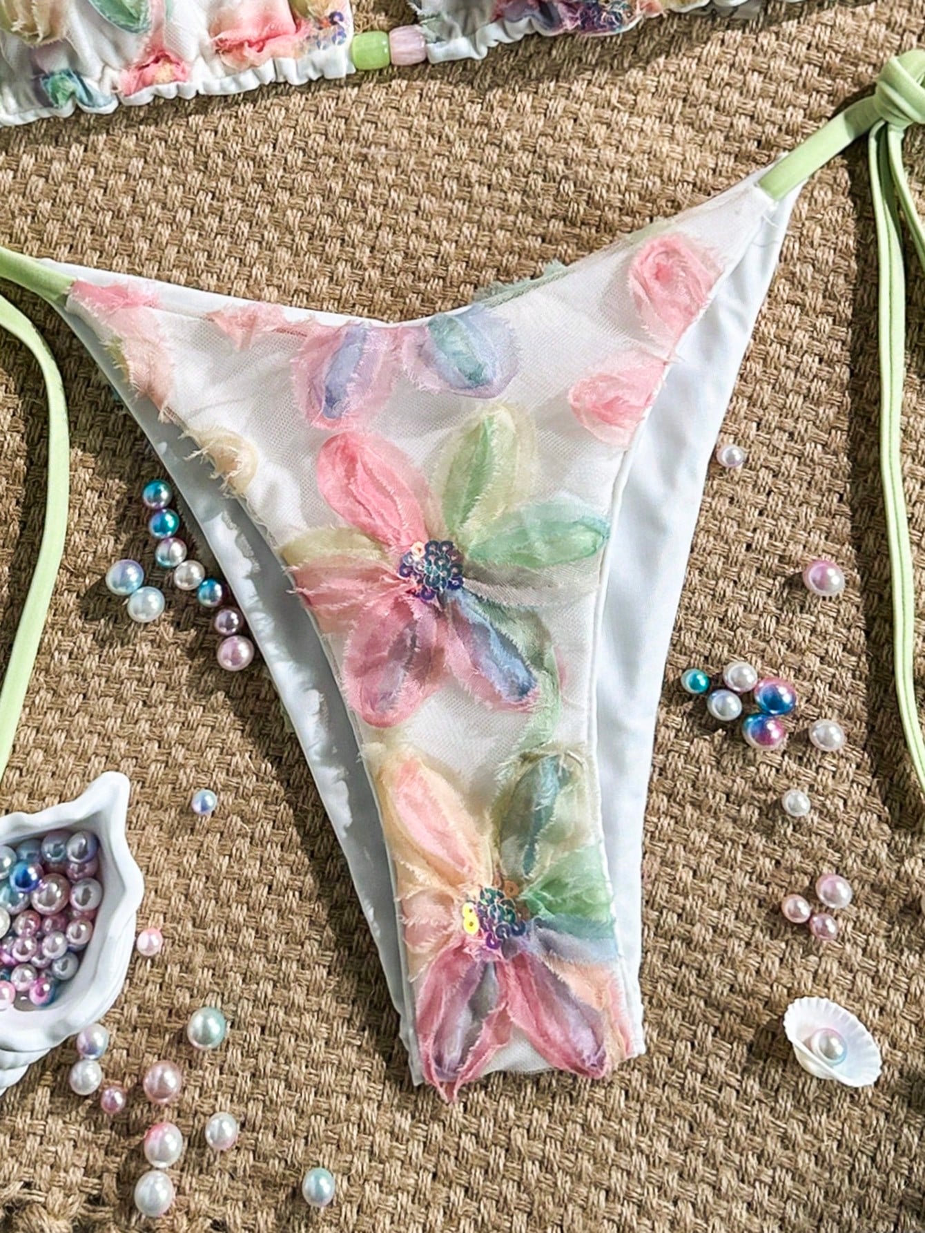 Costavie 2-Piece Set, Colorful Floral Sequin Textured Fabric Halter Triangle Bra And Side Tie Bikini Bottoms, Sexy Women Swimwear