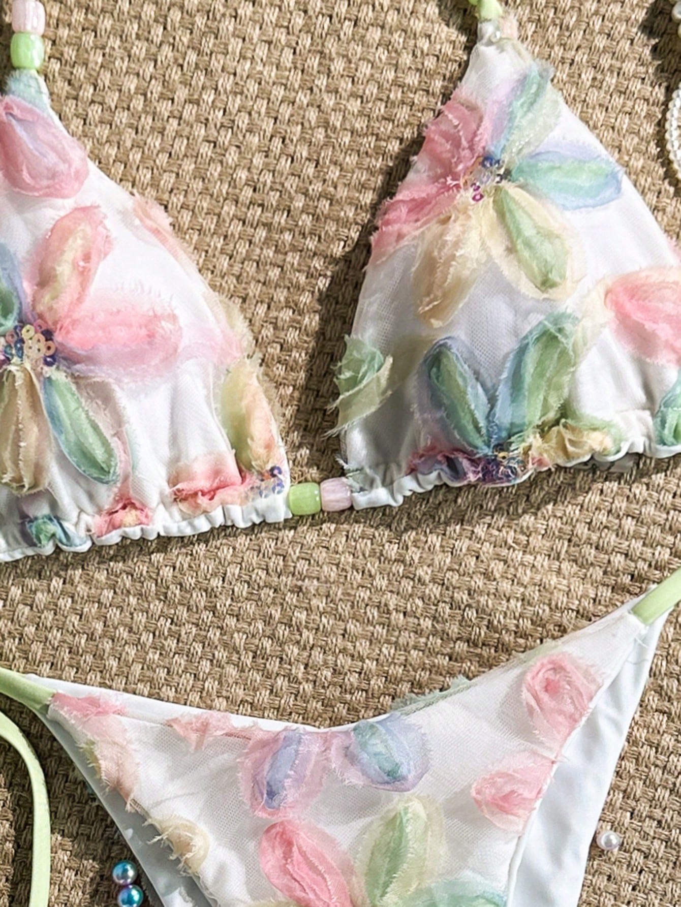 Costavie 2-Piece Set, Colorful Floral Sequin Textured Fabric Halter Triangle Bra And Side Tie Bikini Bottoms, Sexy Women Swimwear