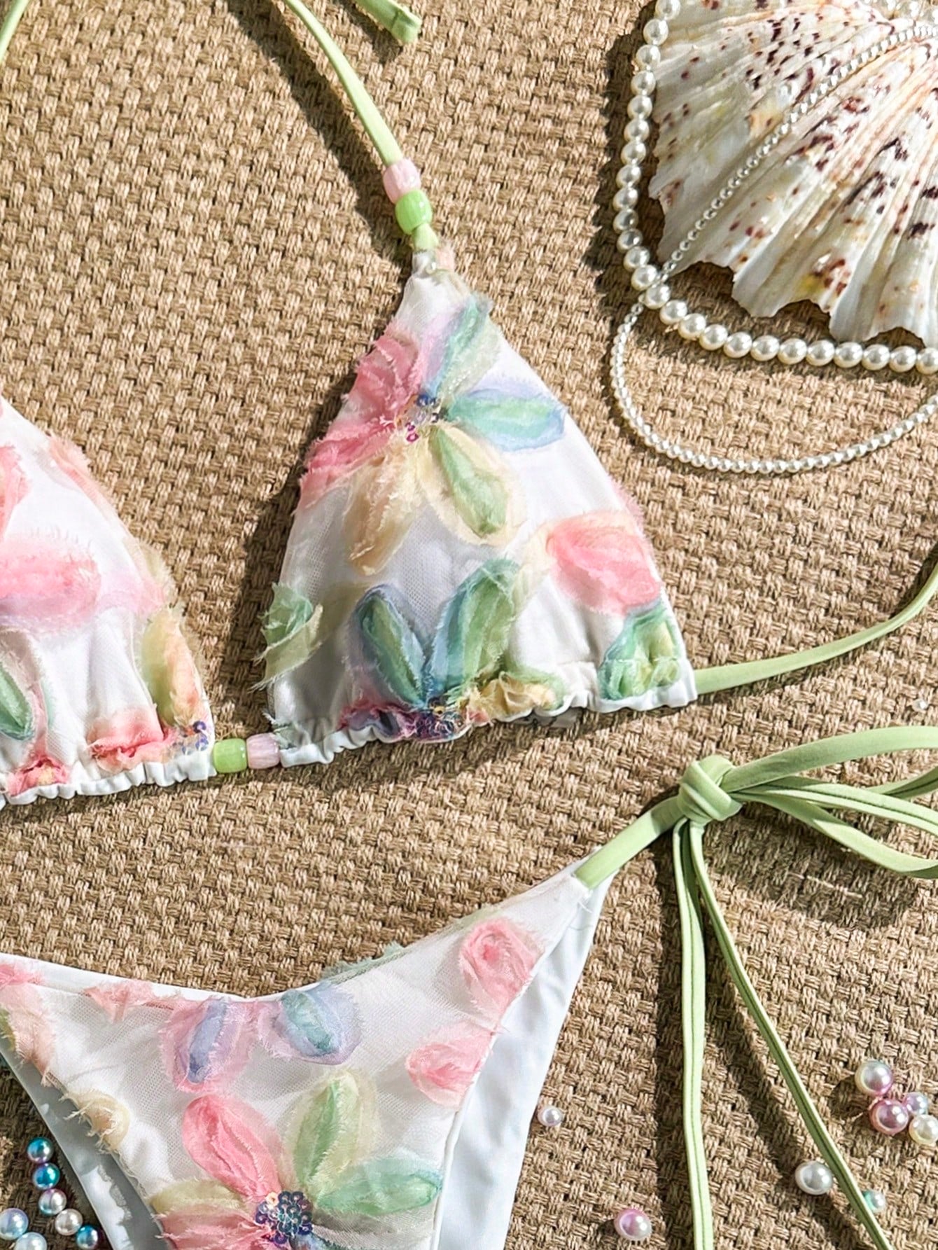 Costavie 2-Piece Set, Colorful Floral Sequin Textured Fabric Halter Triangle Bra And Side Tie Bikini Bottoms, Sexy Women Swimwear