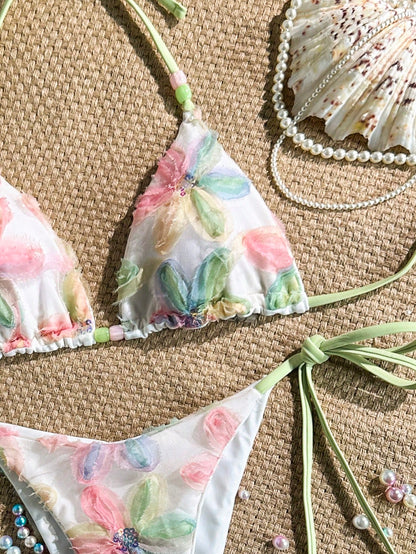 Costavie 2-Piece Set, Colorful Floral Sequin Textured Fabric Halter Triangle Bra And Side Tie Bikini Bottoms, Sexy Women Swimwear