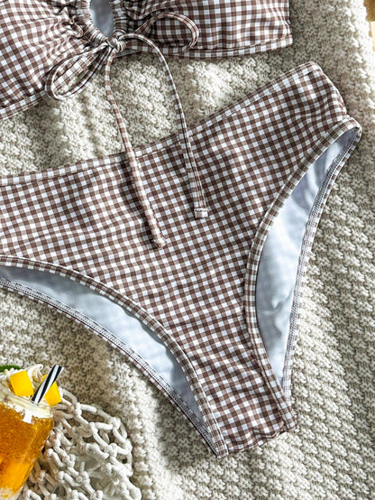 Costavie 2026 Spring/Summer Adjustable Strap Checkered Random Print High Waist Bikini Set, Vacation Swimwear For Women