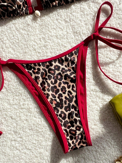 Costavie 2026 Spring/Summer Women's Red Drawstring Halter Leopard Print Random Floral Beach Shell Decor Side Tie High Cut Thong Sexy Bikini Set Set
