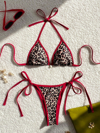 Costavie 2026 Spring/Summer Women's Red Drawstring Halter Leopard Print Random Floral Beach Shell Decor Side Tie High Cut Thong Sexy Bikini Set Set