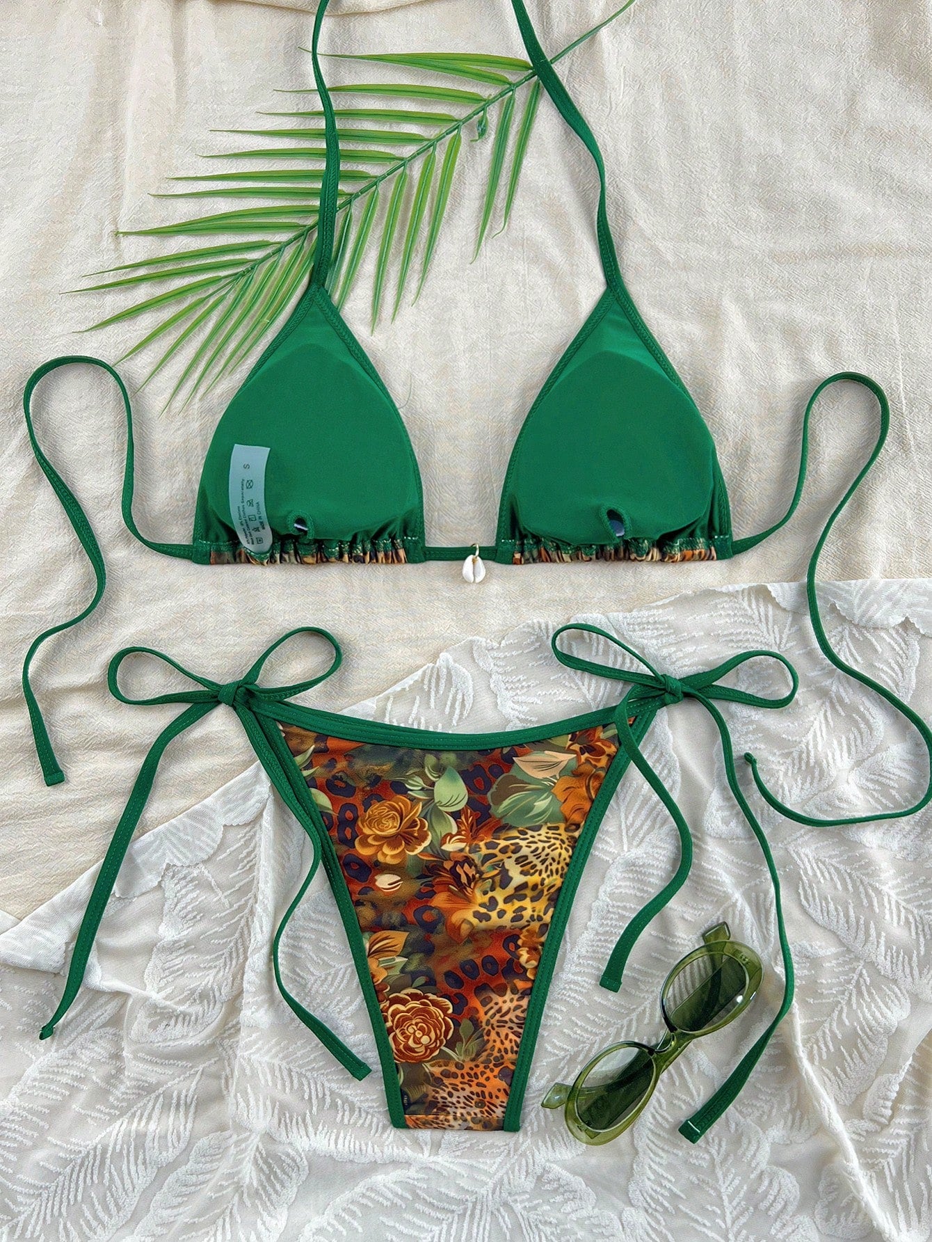 Costavie 2026 Spring/Summer Women's Red Drawstring Halter Leopard Print Random Floral Beach Shell Decor Side Tie High Cut Thong Sexy Bikini Set Set