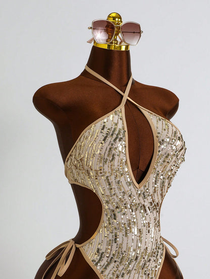 Costavie Glamour One-Piece Spring/Summer Vacation Sequin Textured Fabric Halter Neck Sexy Bikini Women's Swimsuit