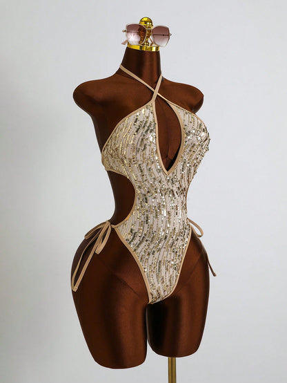 Costavie Glamour One-Piece Spring/Summer Vacation Sequin Textured Fabric Halter Neck Sexy Bikini Women's Swimsuit