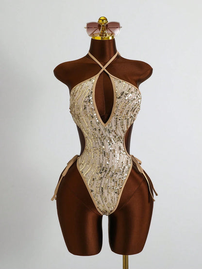 Costavie Glamour One-Piece Spring/Summer Vacation Sequin Textured Fabric Halter Neck Sexy Bikini Women's Swimsuit