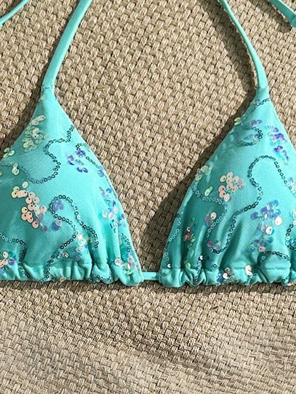 Costavie Random Gold Shell Print Halter Neck Triangle Cup Sexy Swimwear Top For Summer Vacation