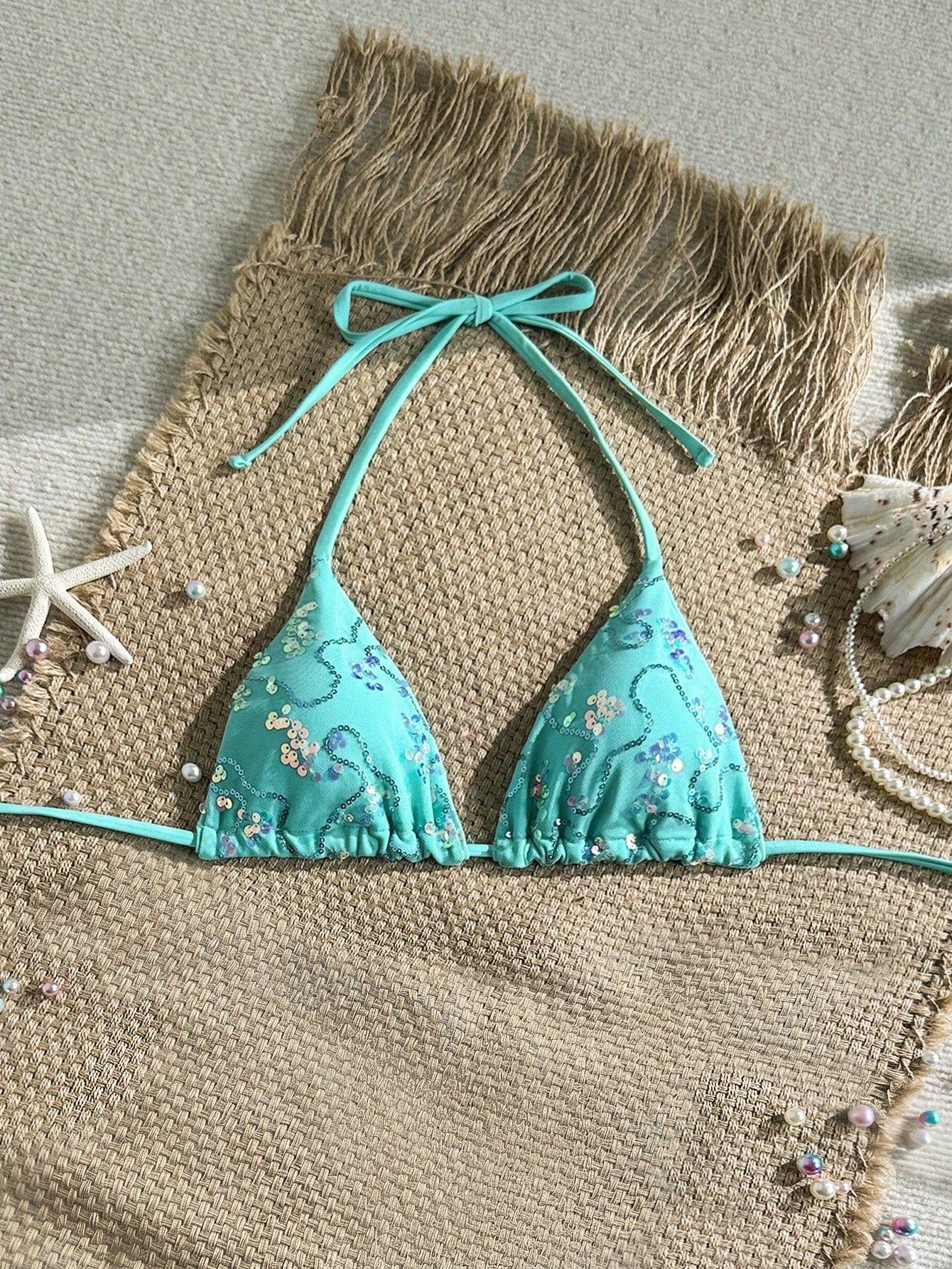 Costavie Random Gold Shell Print Halter Neck Triangle Cup Sexy Swimwear Top For Summer Vacation