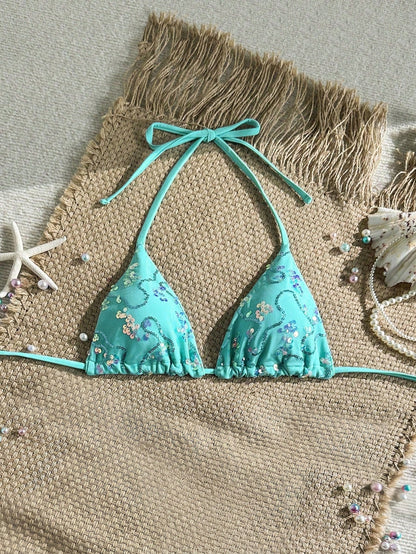 Costavie Random Gold Shell Print Halter Neck Triangle Cup Sexy Swimwear Top For Summer Vacation
