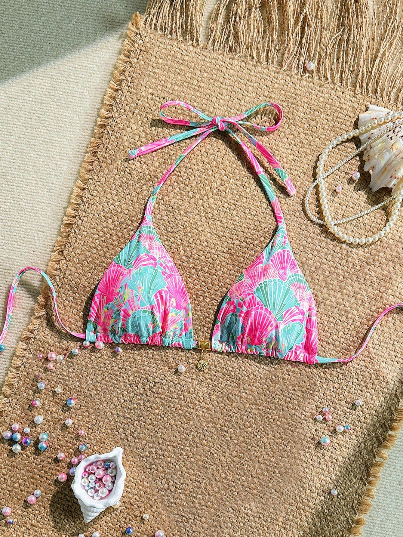 Costavie Random Gold Shell Print Halter Neck Triangle Cup Sexy Swimwear Top For Summer Vacation