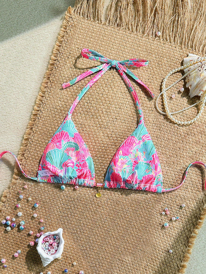 Costavie Random Gold Shell Print Halter Neck Triangle Cup Sexy Swimwear Top For Summer Vacation